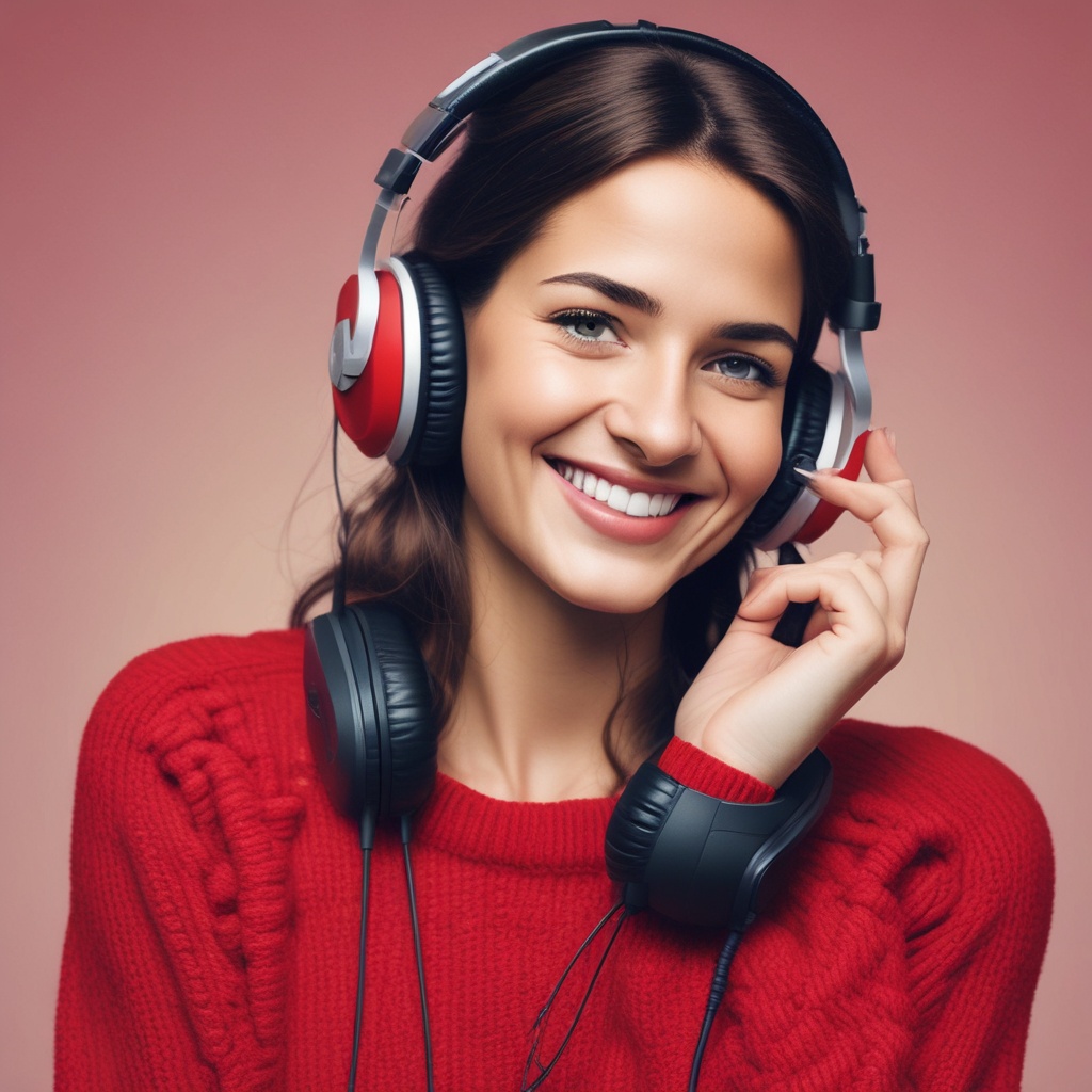 Friendly smiling woman with red sweater and headphones